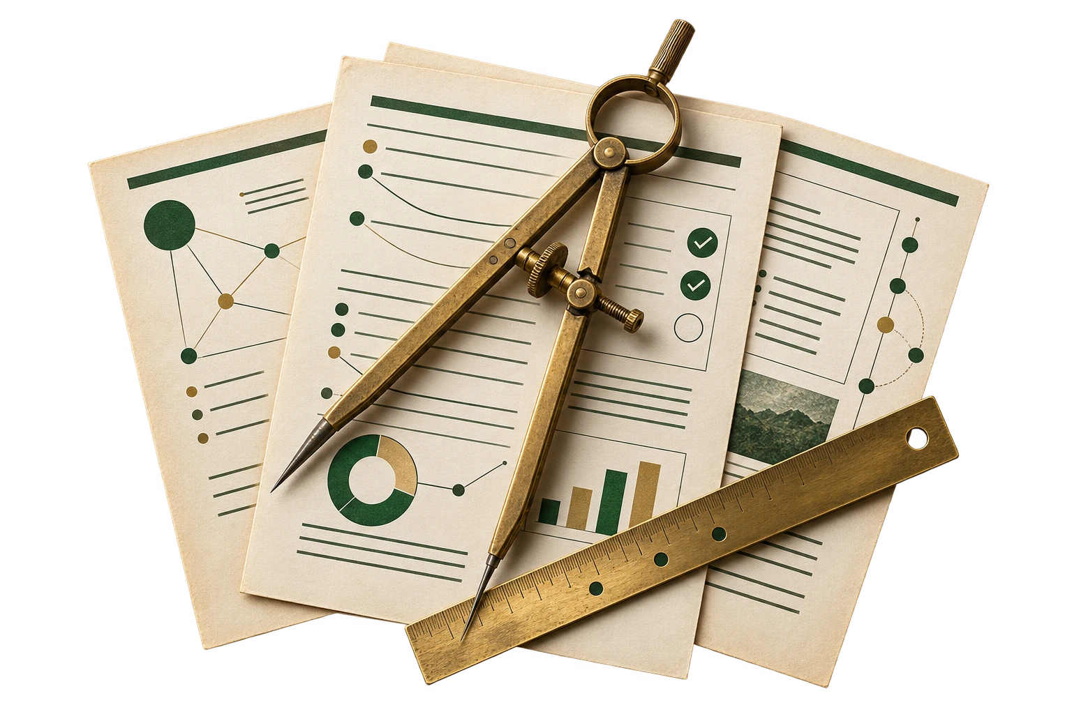Antique drafting tools measuring evidence connections across article pages
