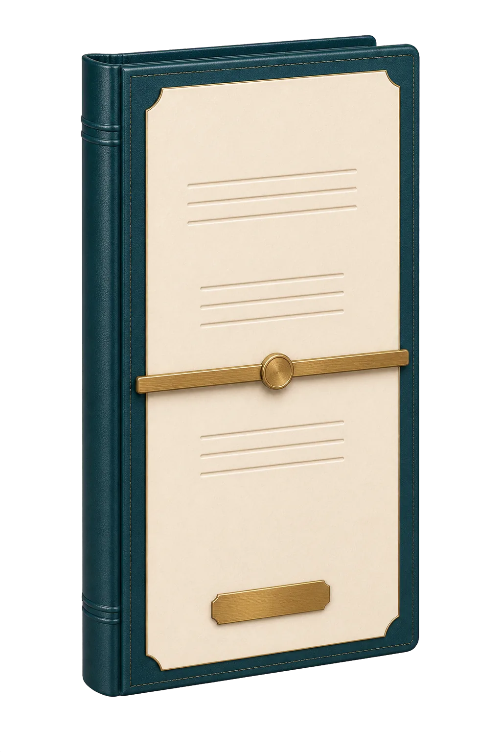 A bound agreement folio with a centered brass balance indicator